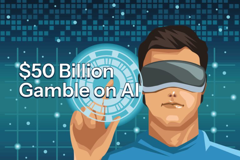 Tech news today showing Meta's $50 billion AI investment announcement with Mark Zuckerberg presenting data center plans