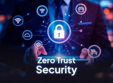Illustration of a secure digital network protected by zero trust security protocols in 2025