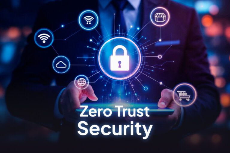 Illustration of a secure digital network protected by zero trust security protocols in 2025