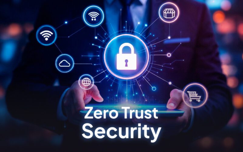 Illustration of a secure digital network protected by zero trust security protocols in 2025