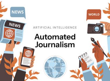 Automated journalism AI system generating news articles with data feeds and human editor reviewing content.