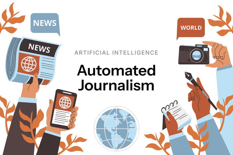 Automated journalism AI system generating news articles with data feeds and human editor reviewing content.