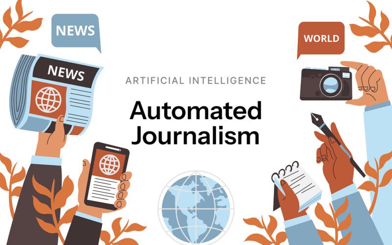 Automated journalism AI system generating news articles with data feeds and human editor reviewing content.