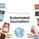 Automated journalism AI system generating news articles with data feeds and human editor reviewing content.