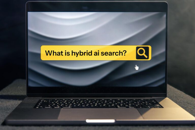 Hybrid search AI technology diagram showing vector search, keyword search, and generative AI components working together.