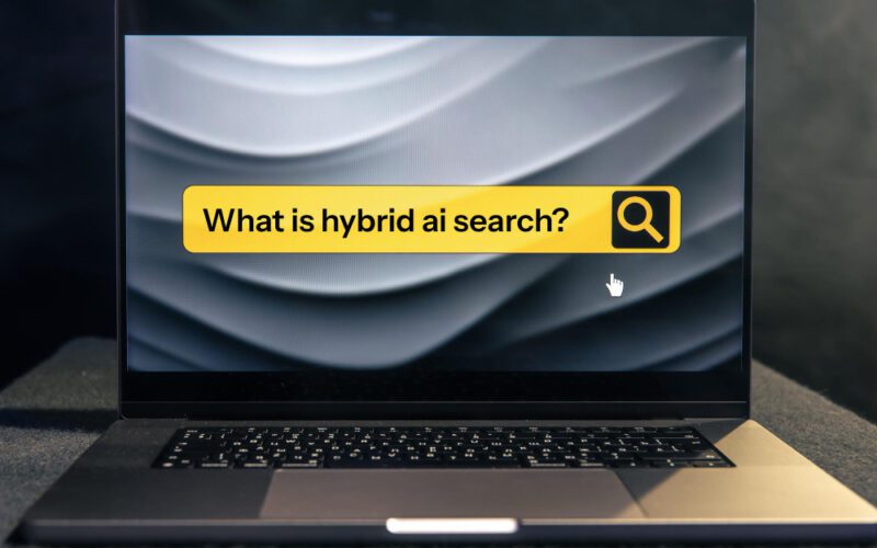 Hybrid search AI technology diagram showing vector search, keyword search, and generative AI components working together.