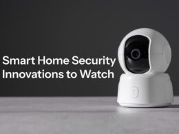 Modern smart home security system showing AI camera, mesh sensor, and predictive lighting in action.