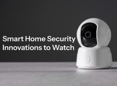 Modern smart home security system showing AI camera, mesh sensor, and predictive lighting in action.