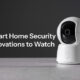 Modern smart home security system showing AI camera, mesh sensor, and predictive lighting in action.