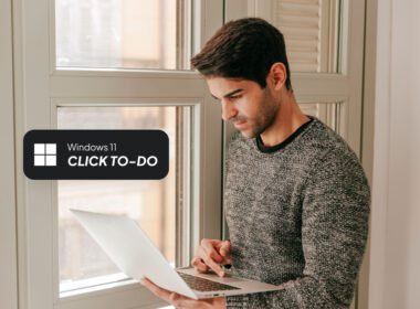 Windows 11 Click to Do feature demonstration showing AI overlay extracting text from screen with Windows key shortcut.