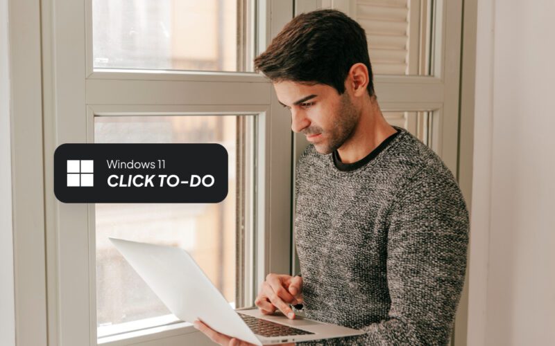 Windows 11 Click to Do feature demonstration showing AI overlay extracting text from screen with Windows key shortcut.